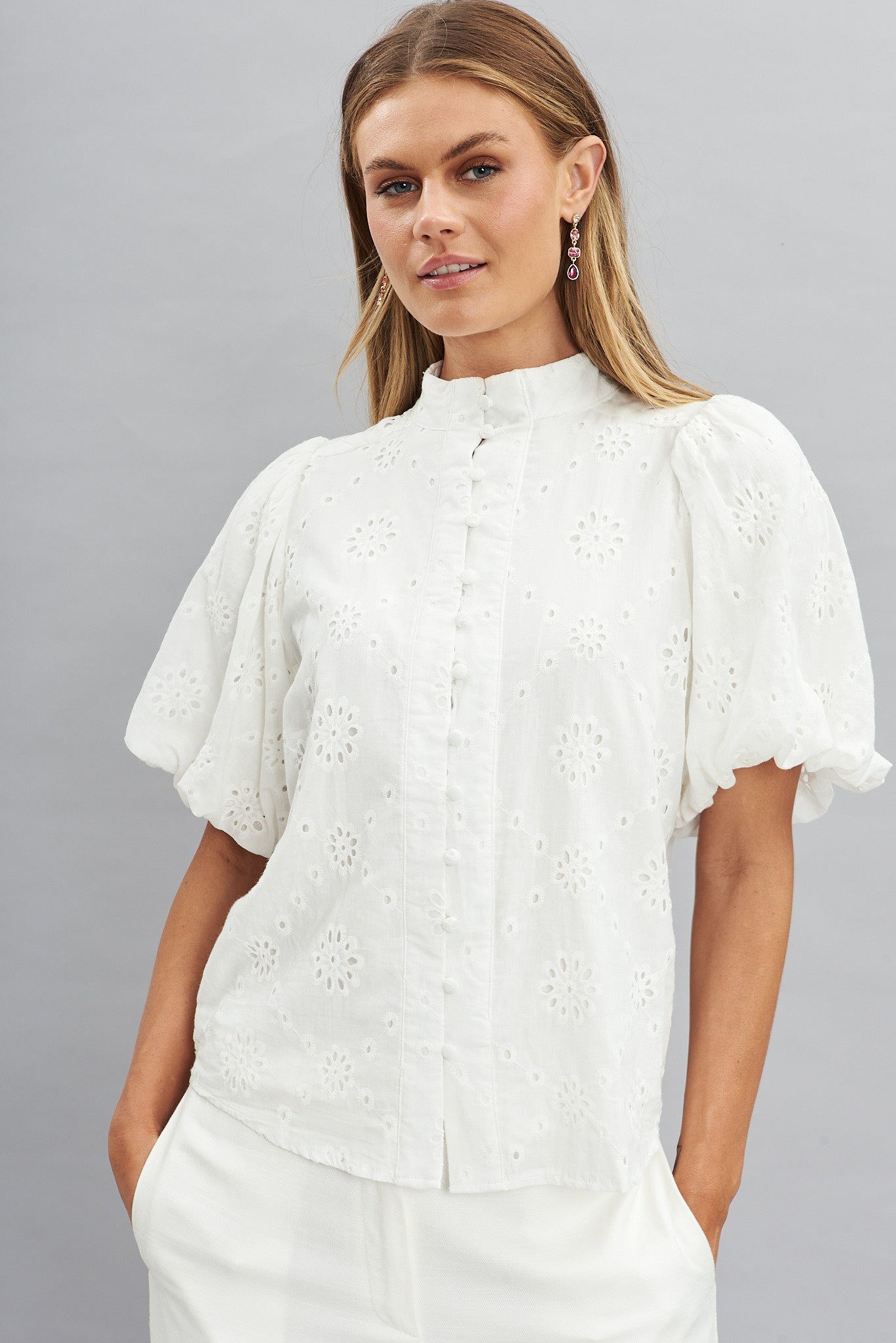 Broderie Ruffle Cotton Shirt - White
