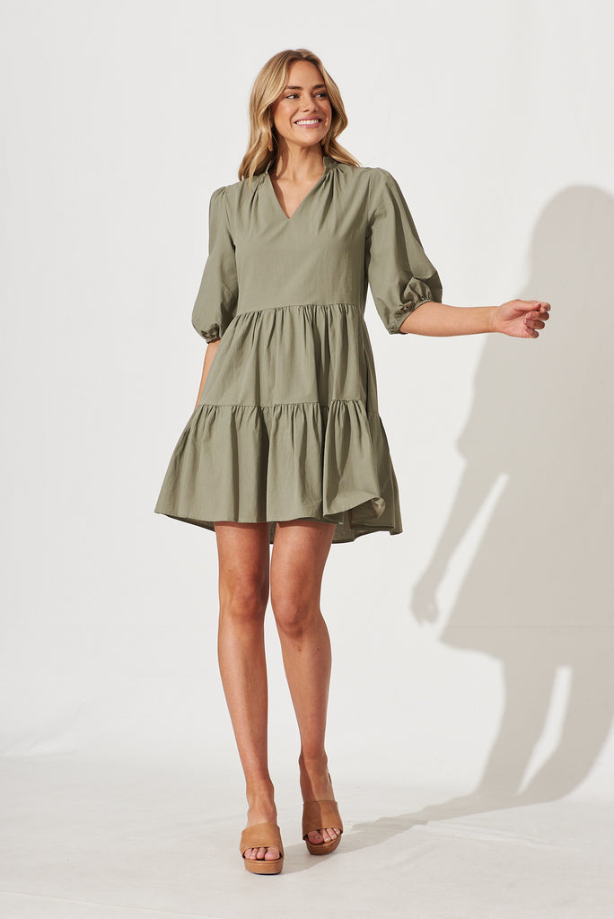 Willa Smock Dress In Khaki Cotton - full length