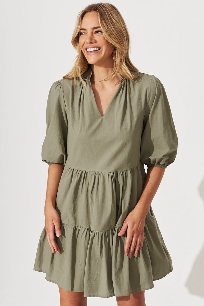 Willa Smock Dress In Khaki Cotton - front