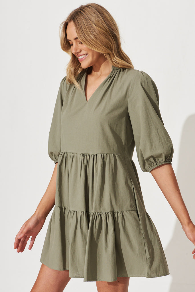 Willa Smock Dress In Khaki Cotton - side