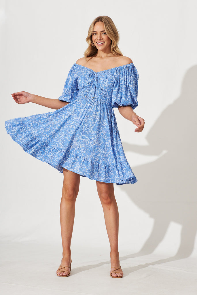 Oklahoma Dress In Blue With White Print - full length