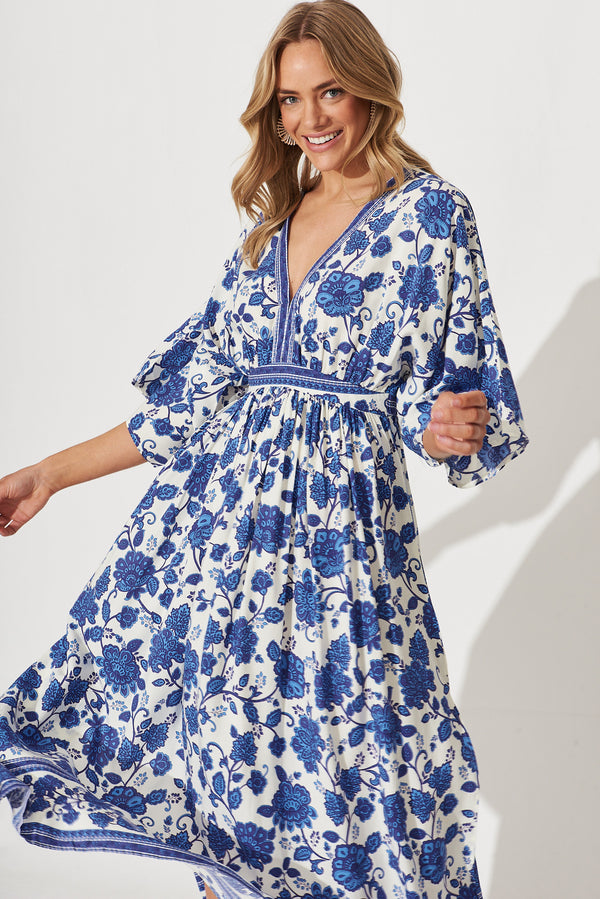 Break Free Maxi Dress In Cream With Blue Floral Border Print – St Frock