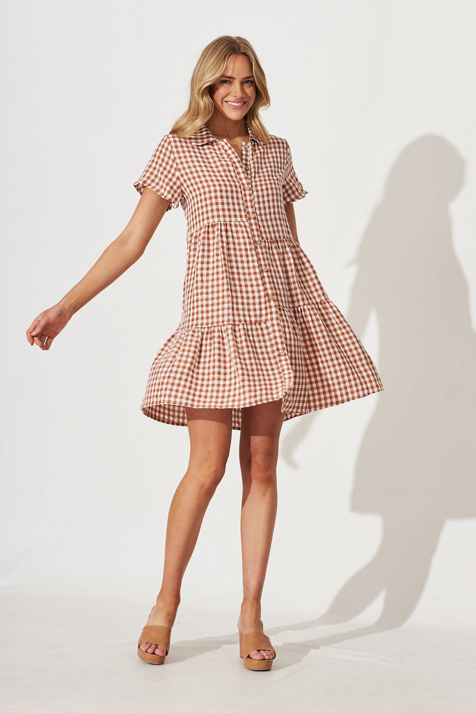 Colette Shirt Dress In Rust And White Gingham Cotton Blend - full length