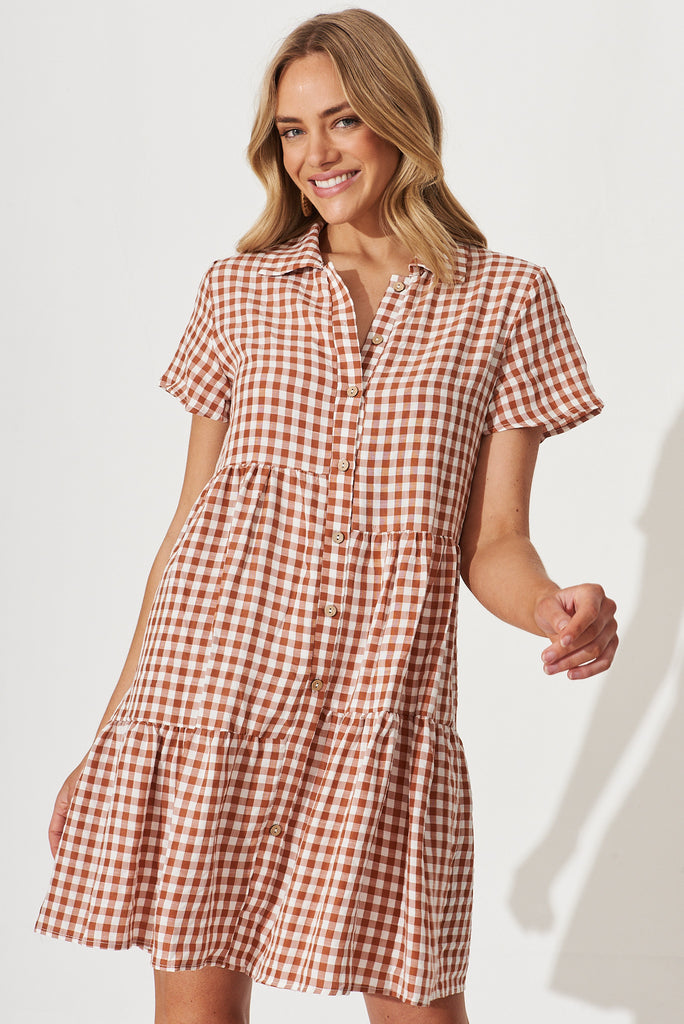 Colette Shirt Dress In Rust And White Gingham Cotton Blend - front