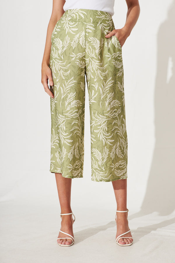 Michigan Pant In Green With Cream Leaf Print – St Frock