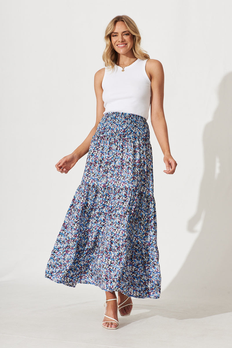 Macarena Maxi Skirt In Blue With Multi Floral – St Frock