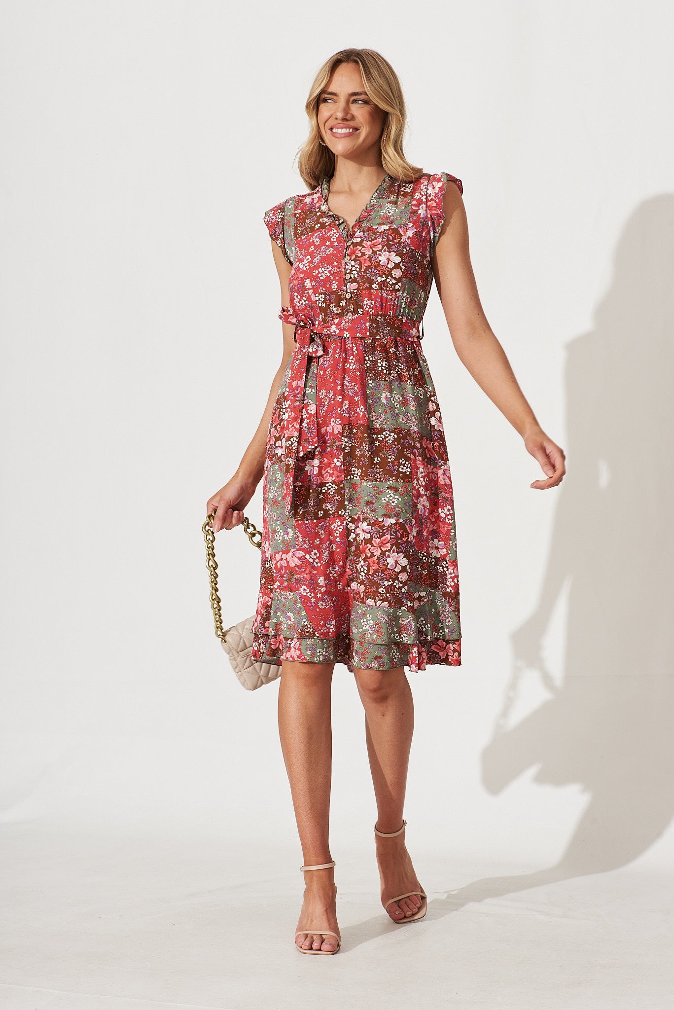 Wolverhampton Midi Dress In Raspberry Patchwork Floral - full length