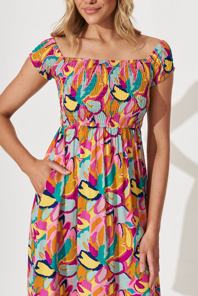 Dixie Dress In Multi Abstract Floral Print -  detail