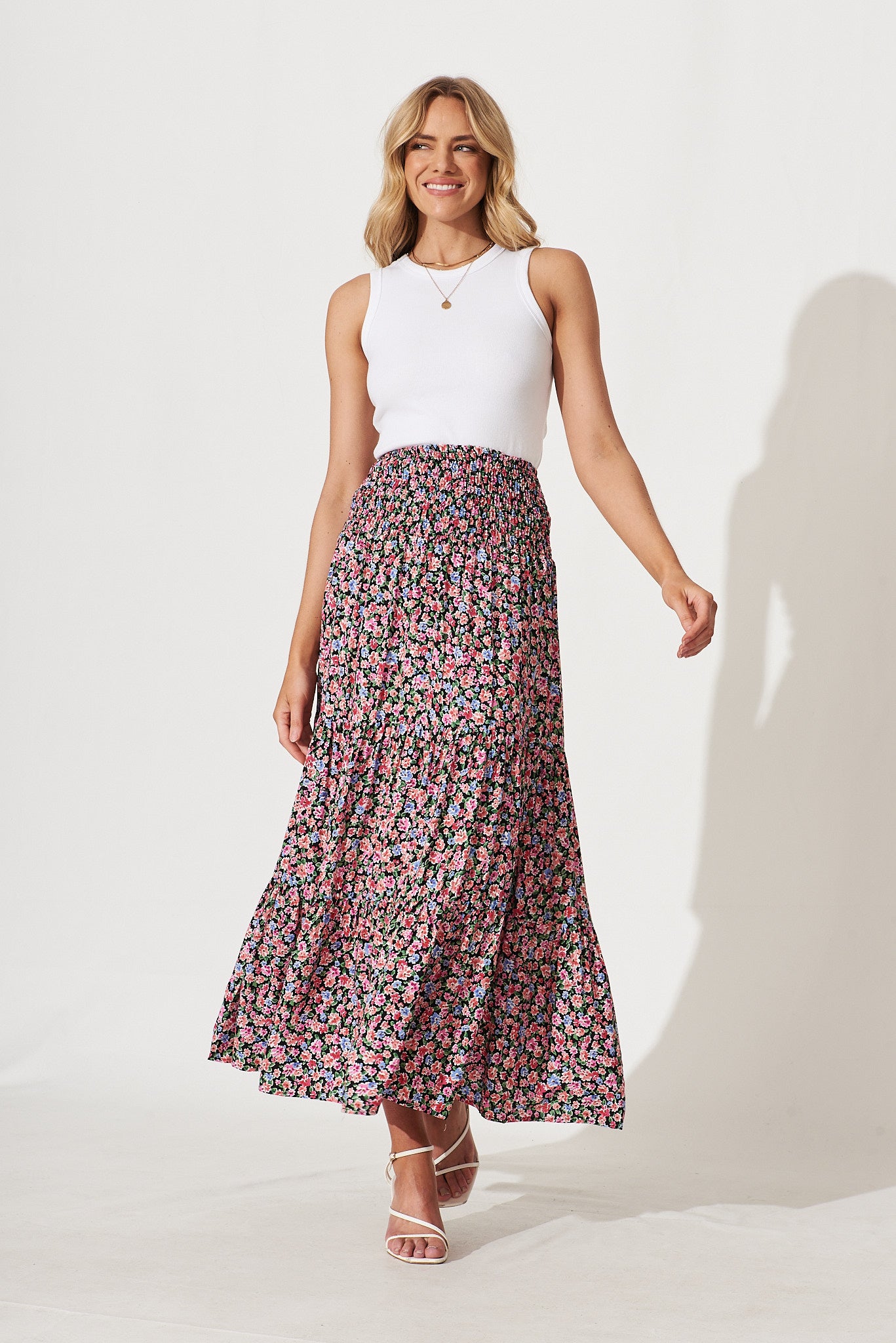 Macarena Maxi Skirt In Black With Multi Floral - full length