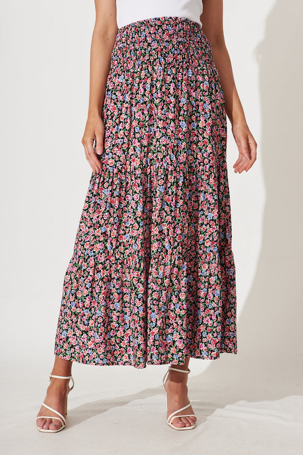 Macarena Maxi Skirt In Black With Multi Floral – St Frock