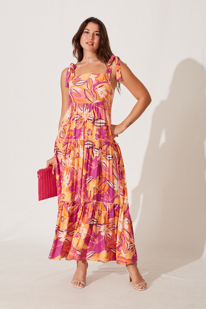 Shreya Maxi Dress In Purple And Tangerine Floral - full length