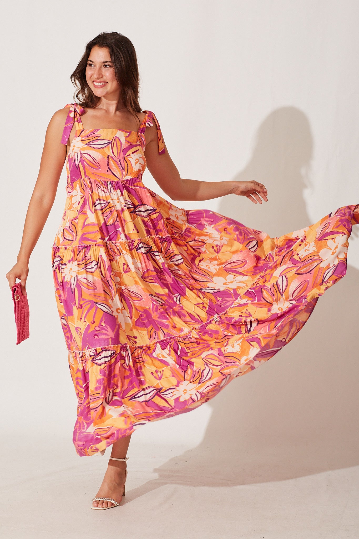 Shreya Maxi Dress In Purple And Tangerine Floral - full length