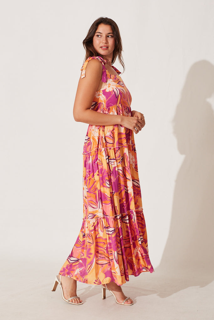 Shreya Maxi Dress In Purple And Tangerine Floral - side