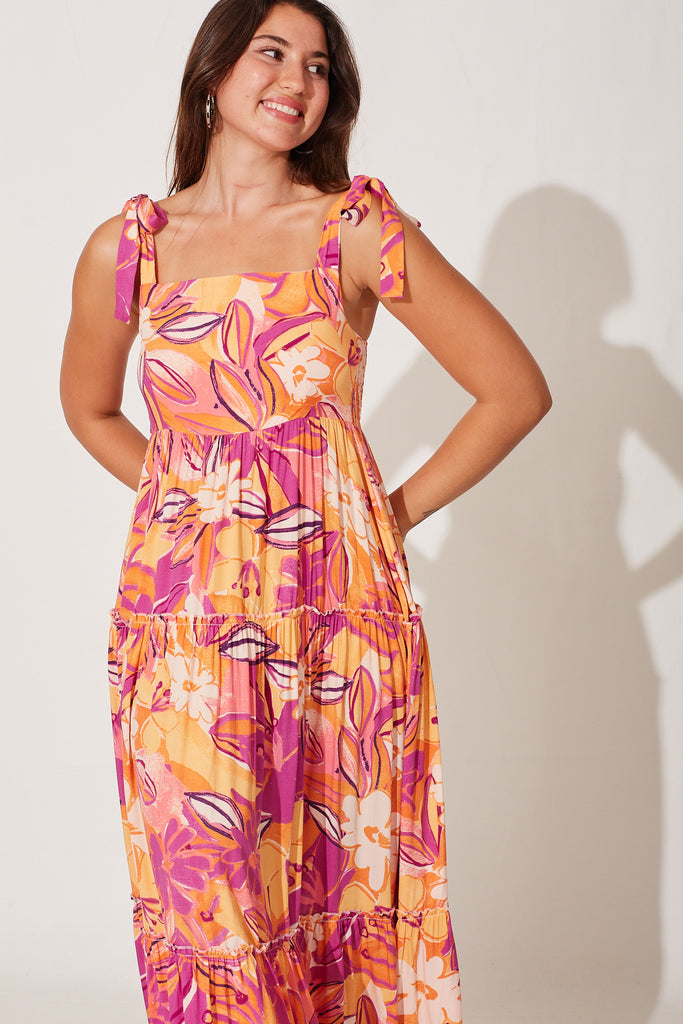 Shreya Maxi Dress In Purple And Tangerine Floral - front