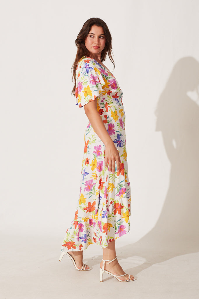 Janiero Maxi Dress In White With Bright Floral Print - side