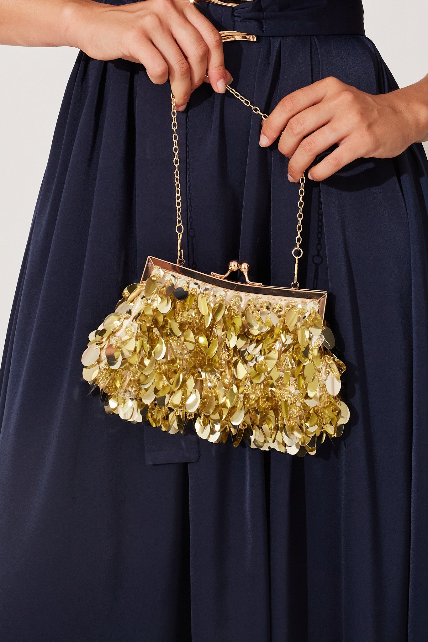 Leah Clutch Bag In Gold Sequin – St Frock