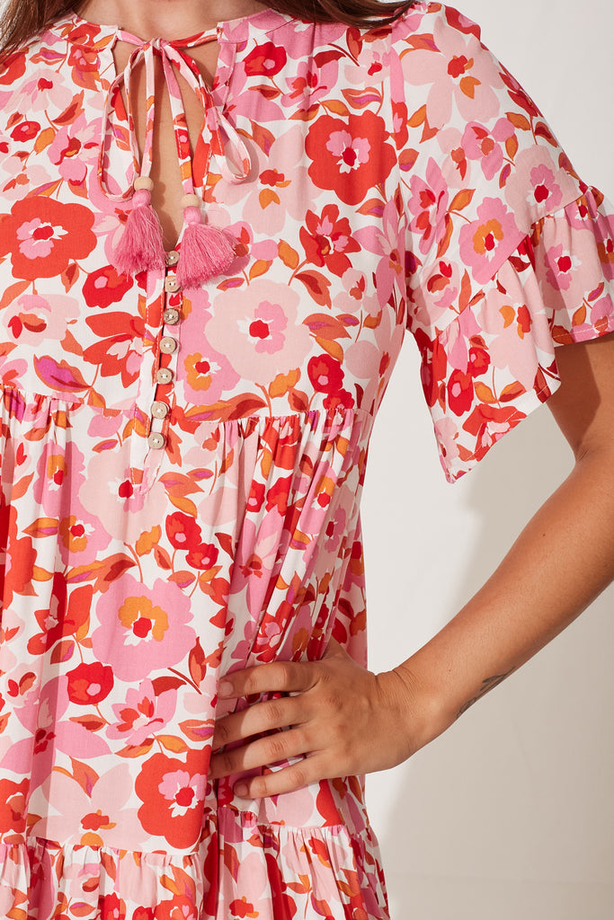 Tahnee Smock Dress In Pink Red Floral - detail