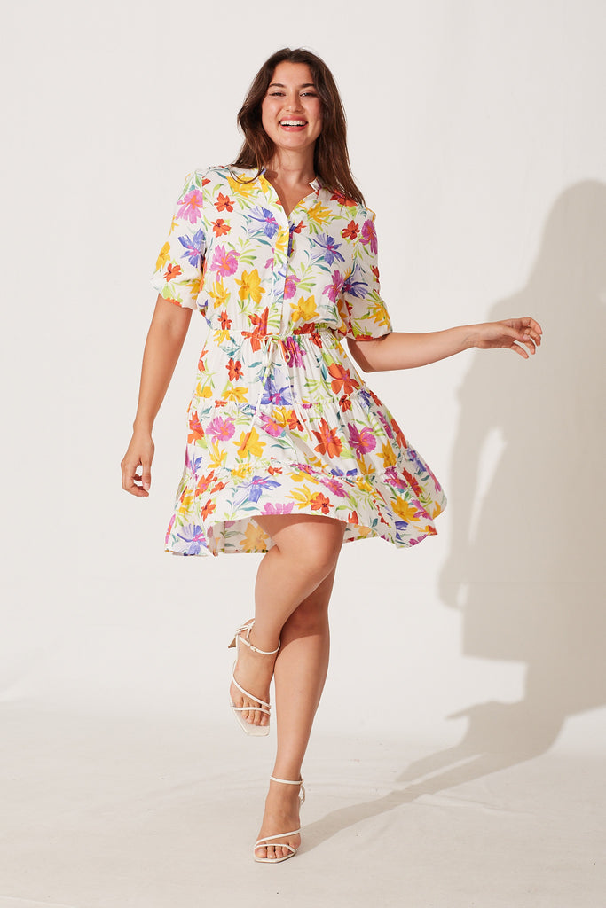 Catch Feeling Dress In White With Bright Floral Print - full length