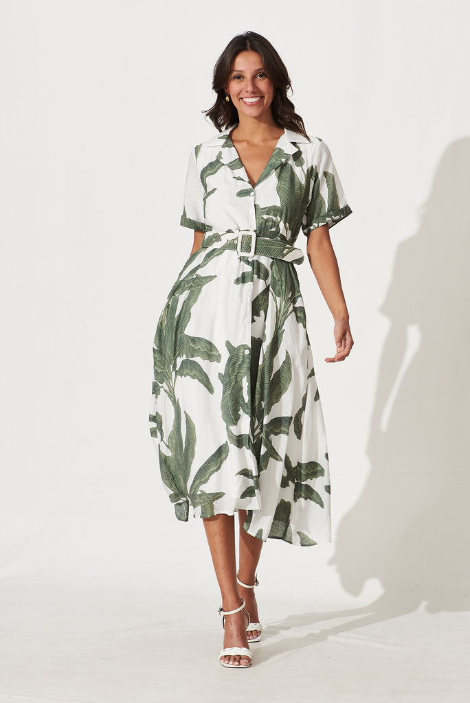 My Sweet Midi Shirt Dress In White With Green Leaf Print - full length