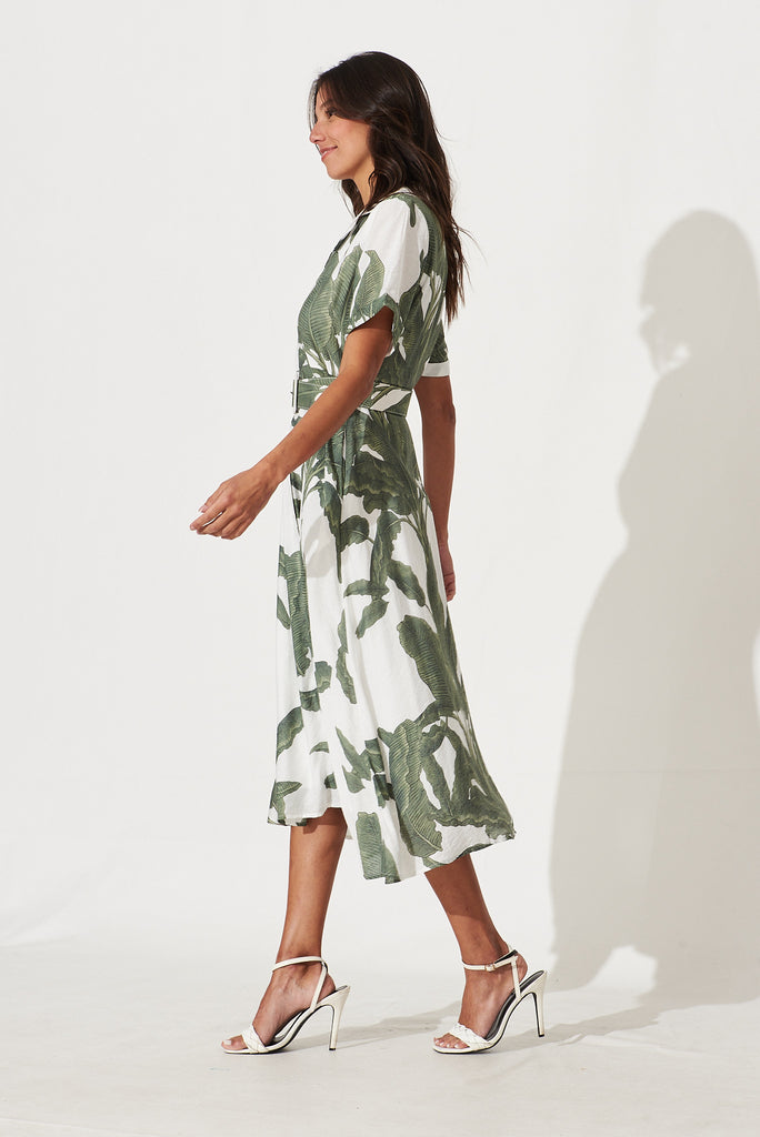 My Sweet Midi Shirt Dress In White With Green Leaf Print - side