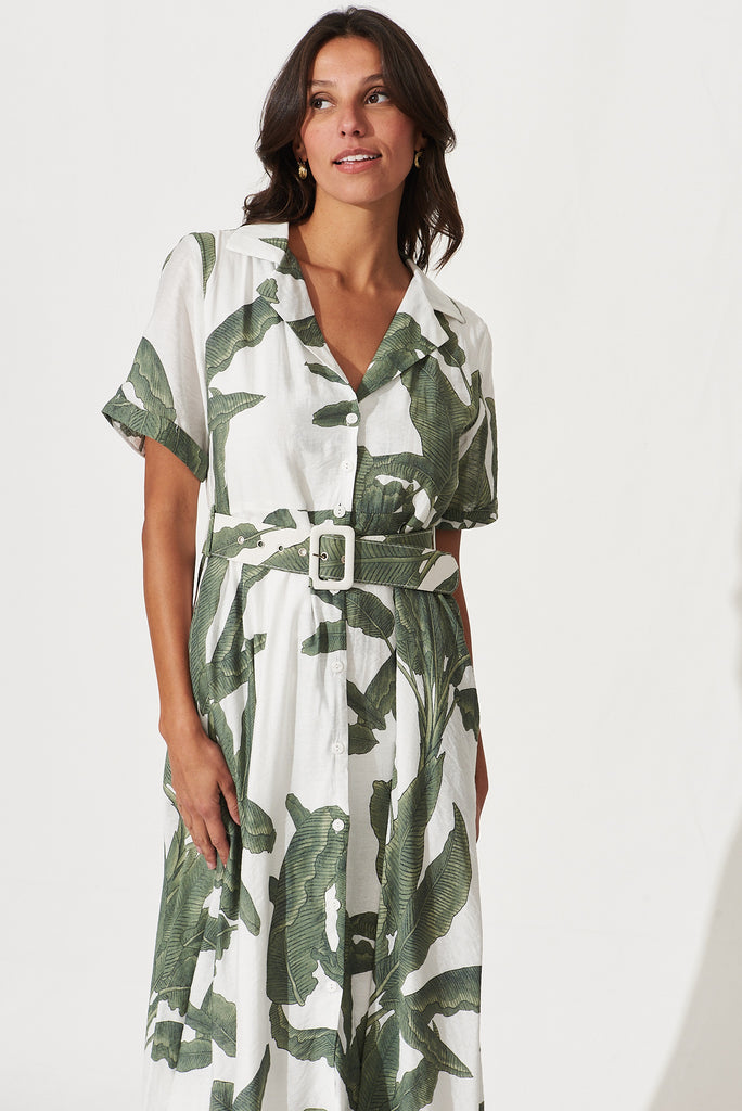 My Sweet Midi Shirt Dress In White With Green Leaf Print - front