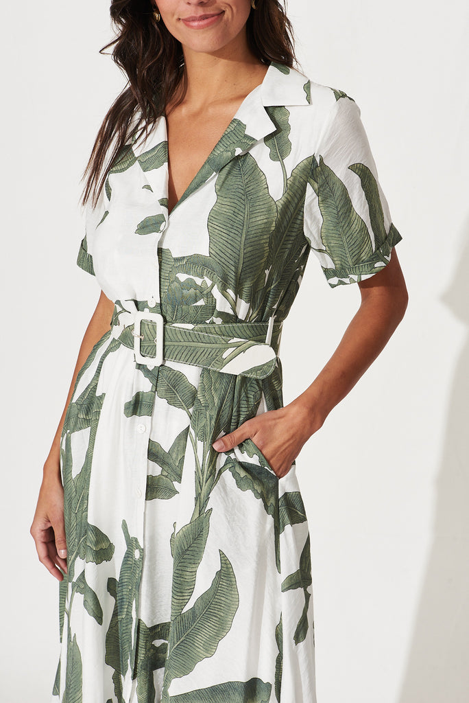 My Sweet Midi Shirt Dress In White With Green Leaf Print - detail