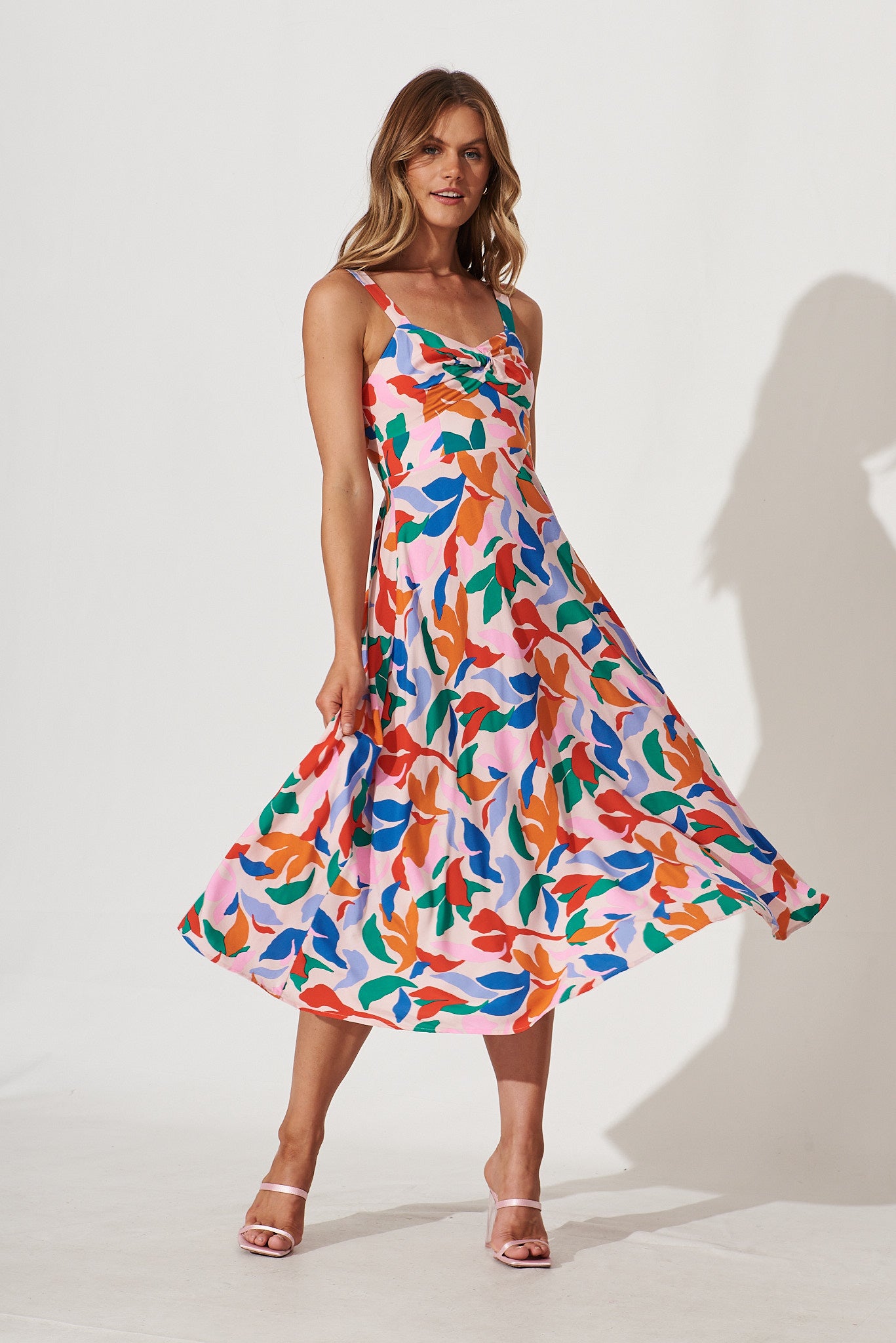 By The Sea Midi Dress In Pink With Bright Multi Leaf Print - full length