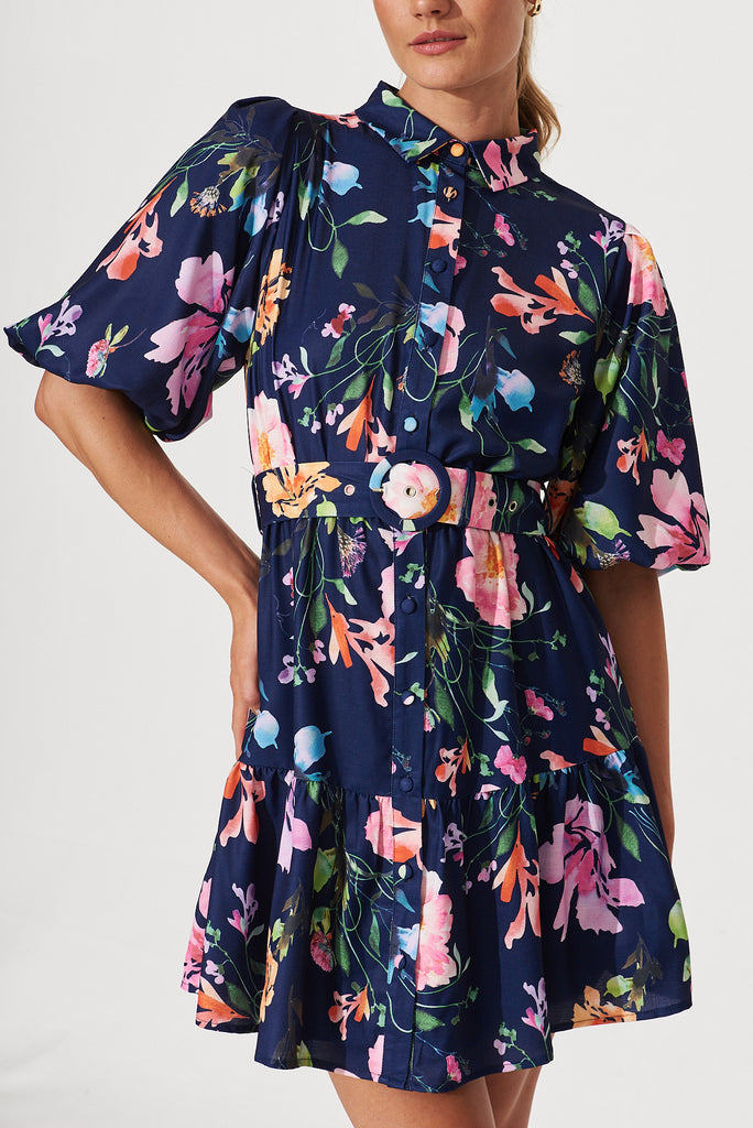 Courtney Shirt Dress In Navy With Multi Floral Print - detail