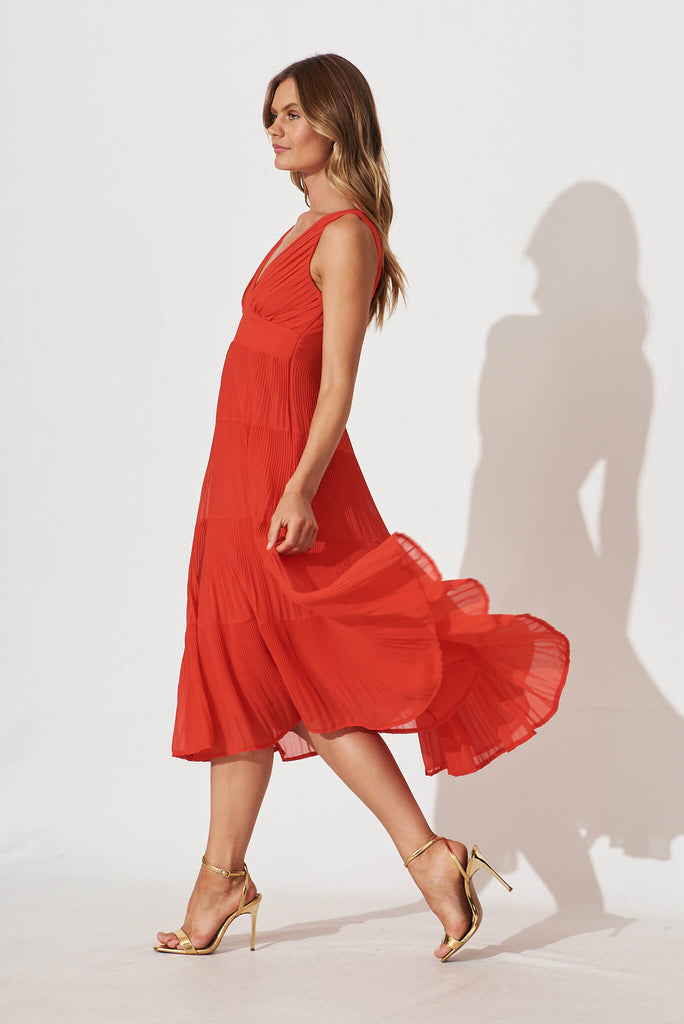 Naomi Midi Dress In Red Pleated Chiffon - side