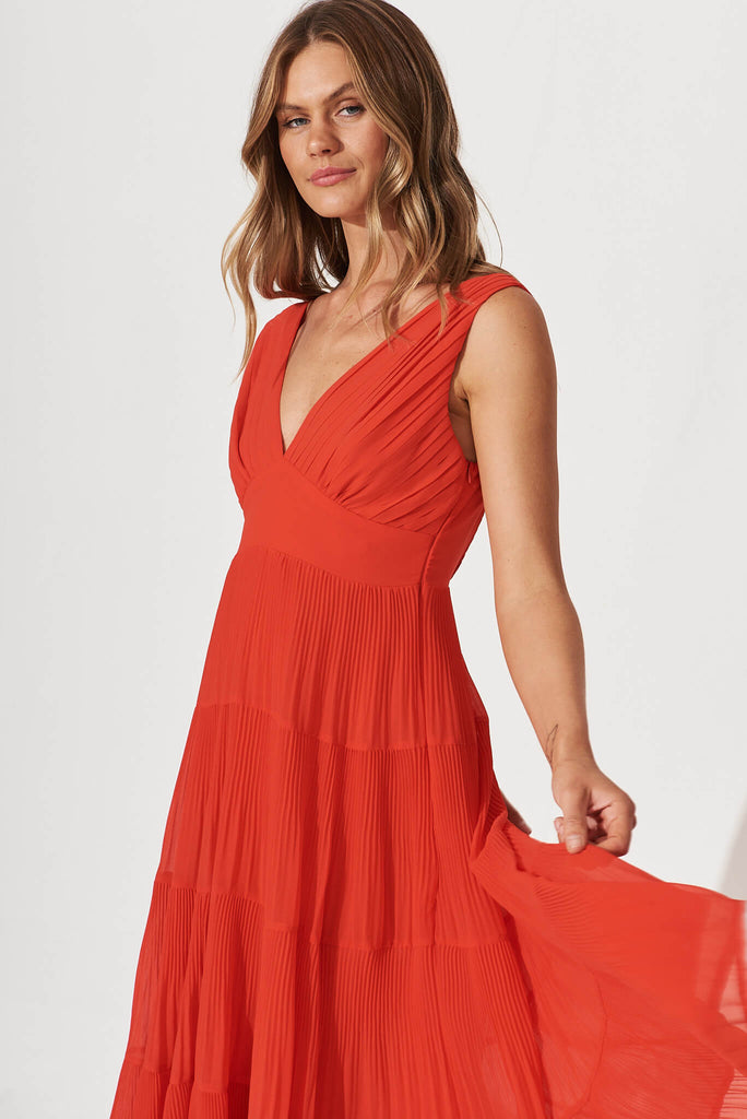 Naomi Midi Dress In Red Pleated Chiffon - front