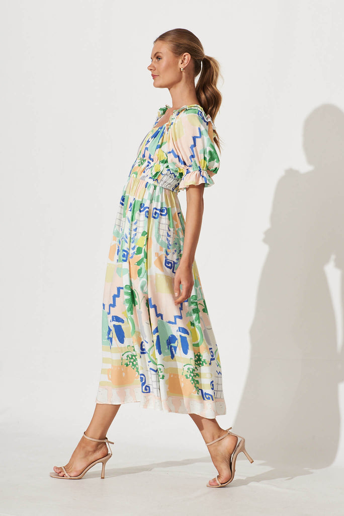 Truly Midi Dress In Multi Mediterranean Garden Print - side