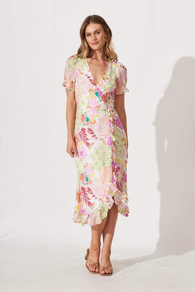 Seashore Midi Wrap Dress In Lilac Multi Patchwork Floral - full length