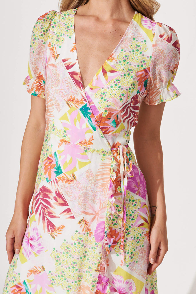 Seashore Midi Wrap Dress In Lilac Multi Patchwork Floral - detail