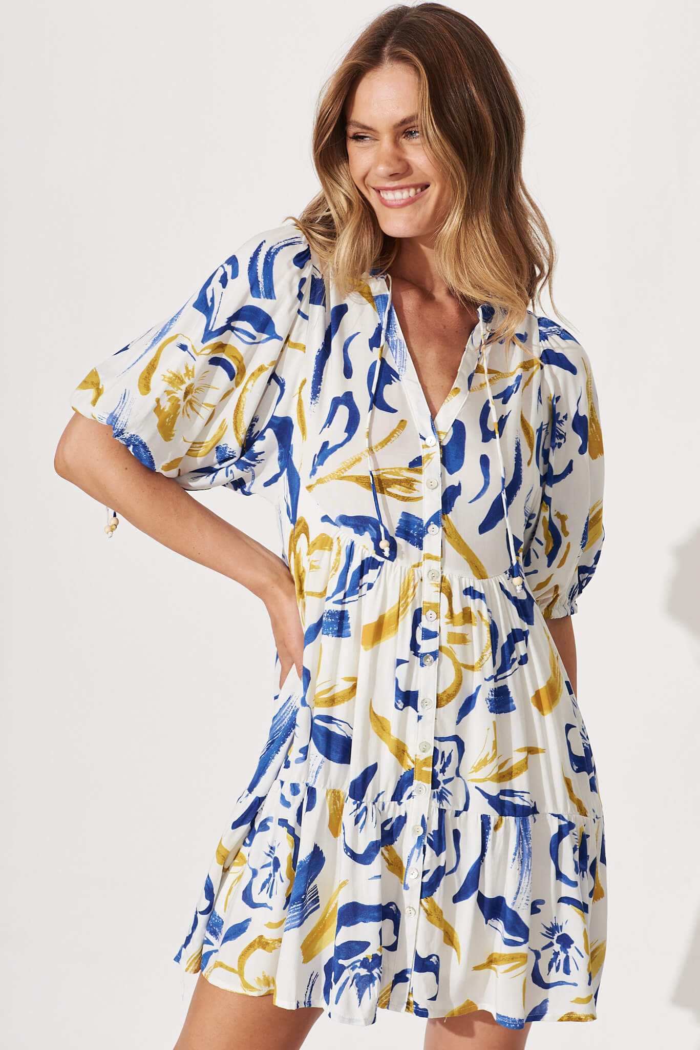 Emelyn Smock Dress In White With Blue And Yellow Floral – St Frock
