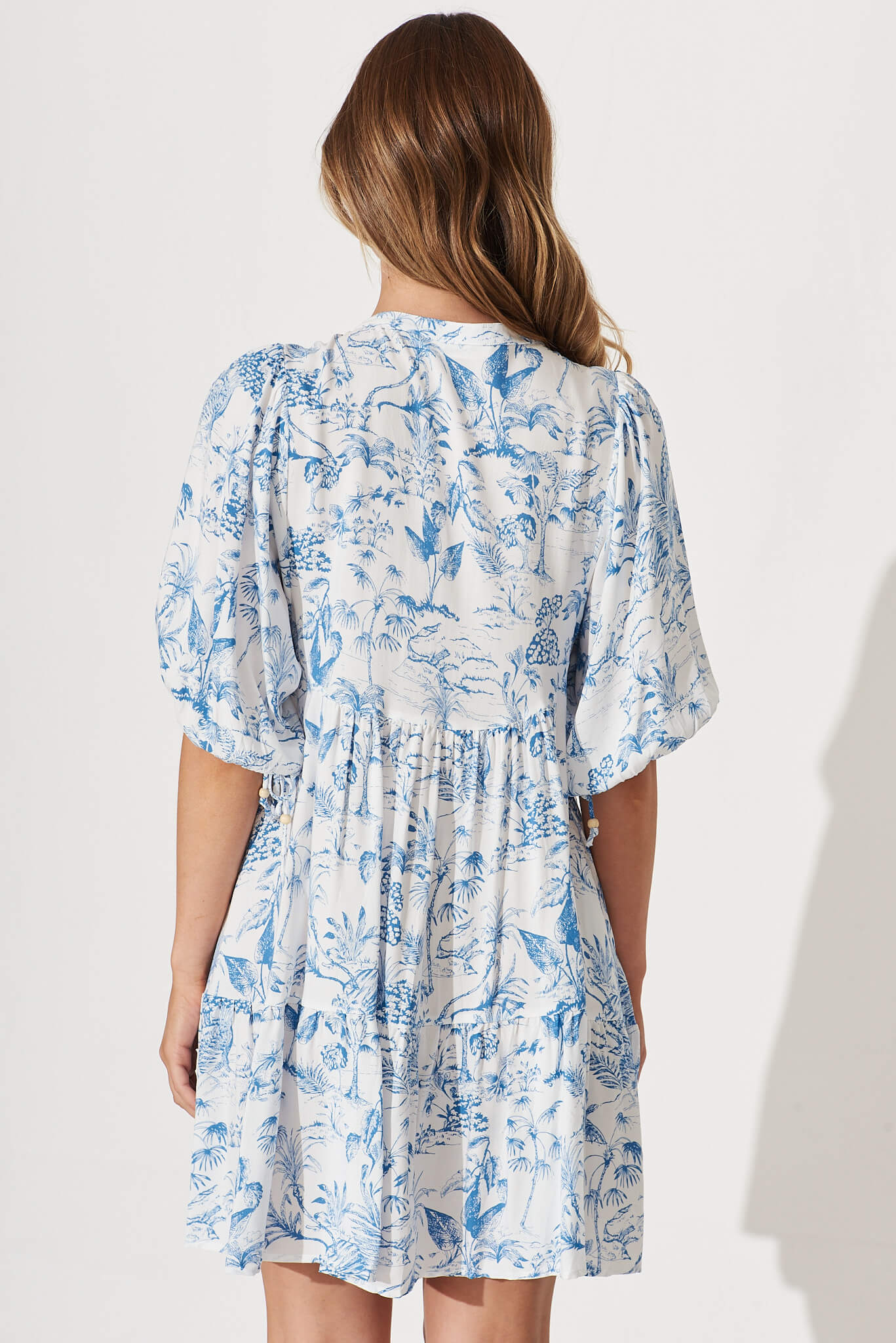 Emelyn Dress In White With Blue Palm Print – St Frock