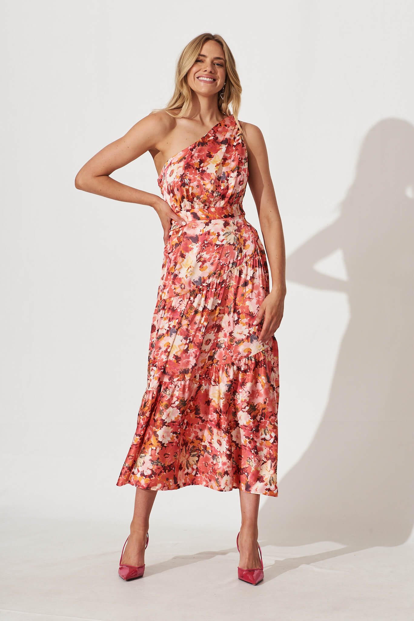 November Rain One Shoulder Maxi Dress In Pink Floral Satin St Frock