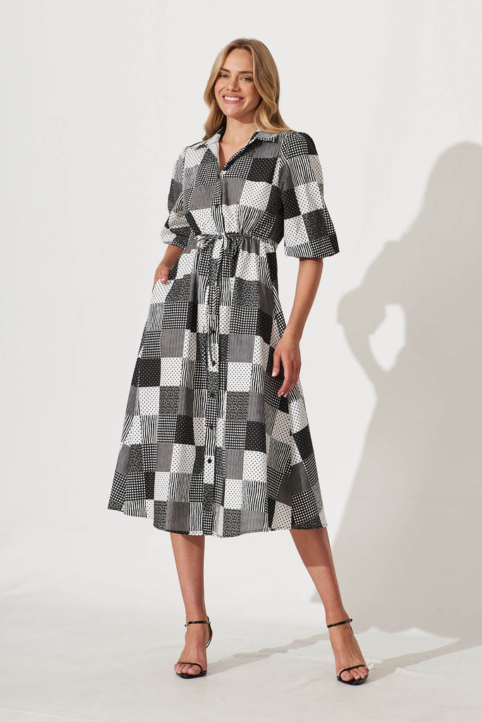 Davina Midi Shirt Dress In Black And White Patchwork Cotton - full length