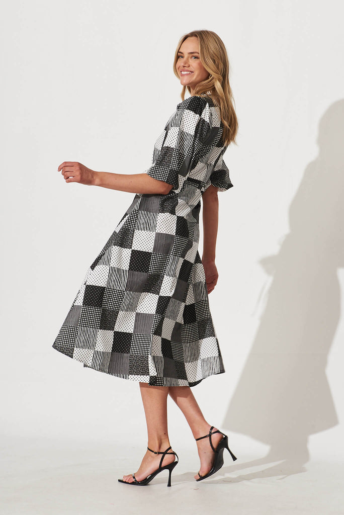 Davina Midi Shirt Dress In Black And White Patchwork Cotton - side