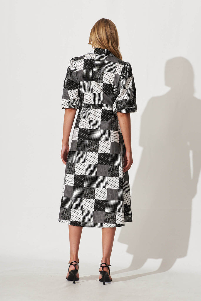 Davina Midi Shirt Dress In Black And White Patchwork Cotton - back