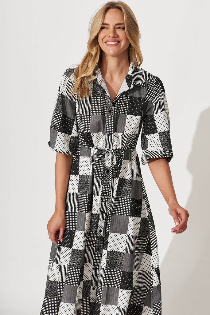 Davina Midi Shirt Dress In Black And White Patchwork Cotton - front