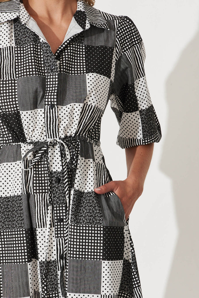 Davina Midi Shirt Dress In Black And White Patchwork Cotton - detail