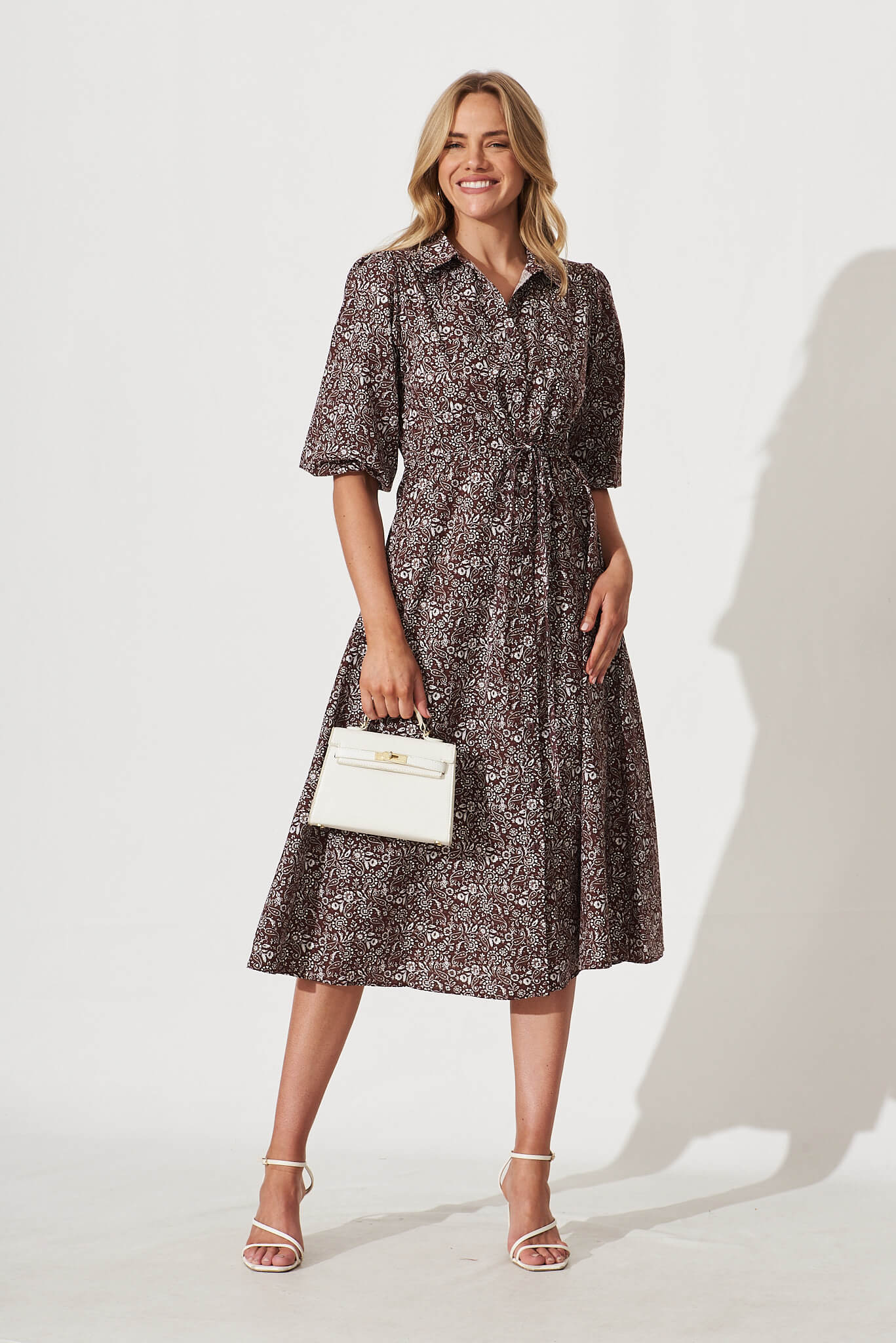 Davina Midi Shirt Dress In Chocolate Floral Cotton - full length