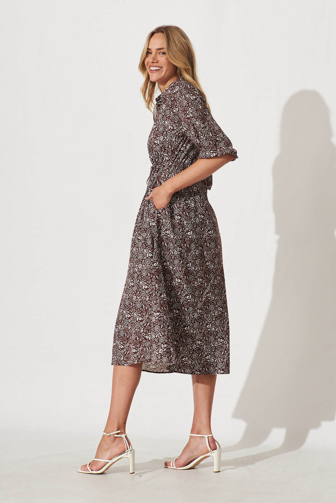 Davina Midi Shirt Dress In Chocolate Floral Cotton - side