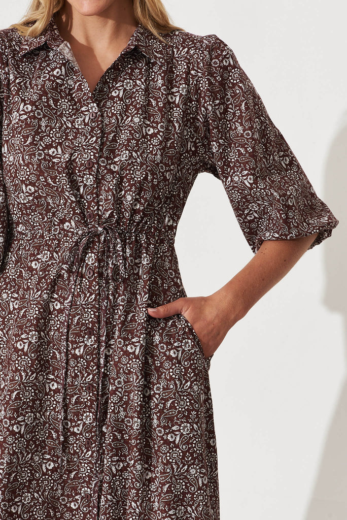 Davina Midi Shirt Dress In Chocolate Floral Cotton - detail