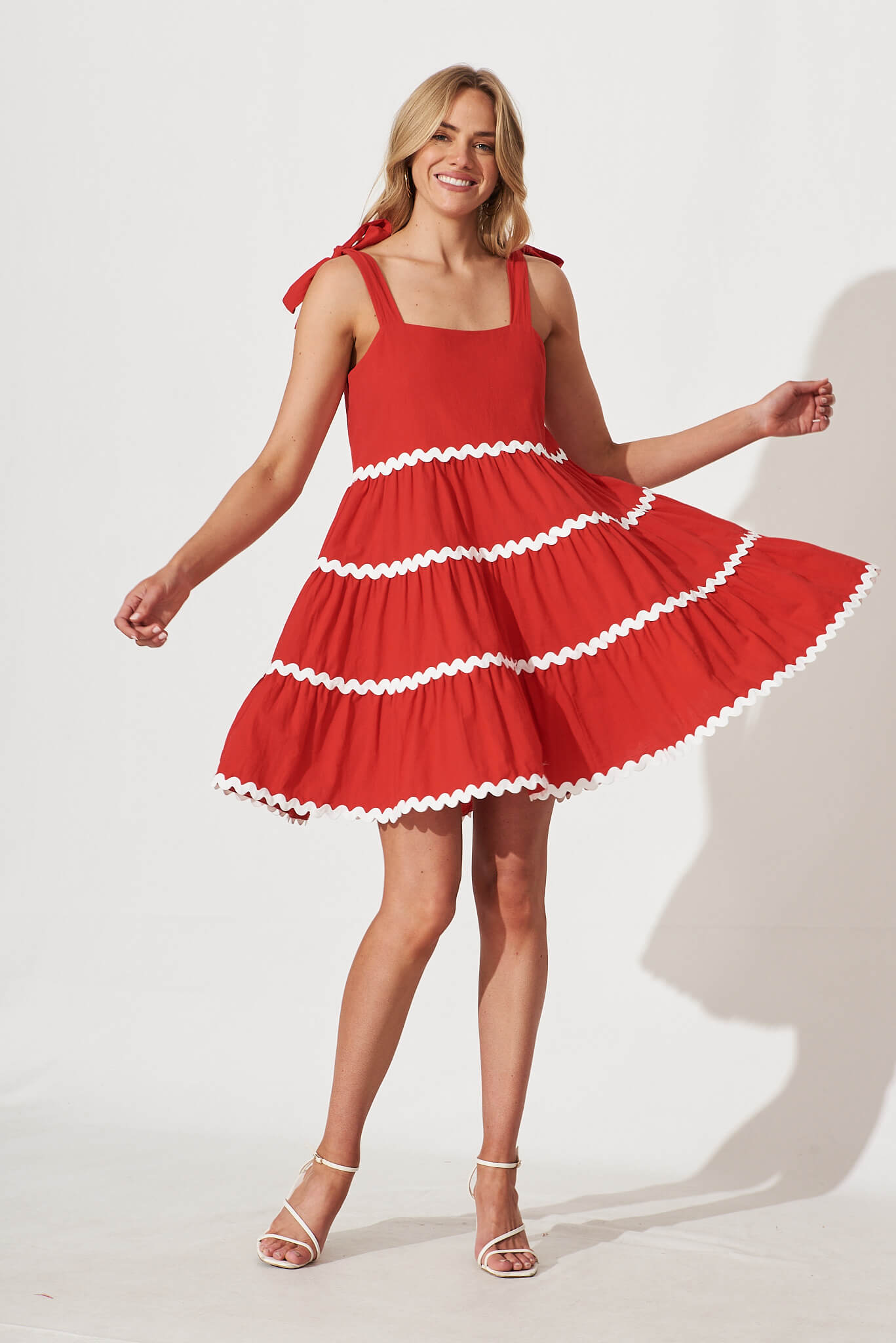 Claus Dress In Red With White Ric Rac Trim Cotton - full length