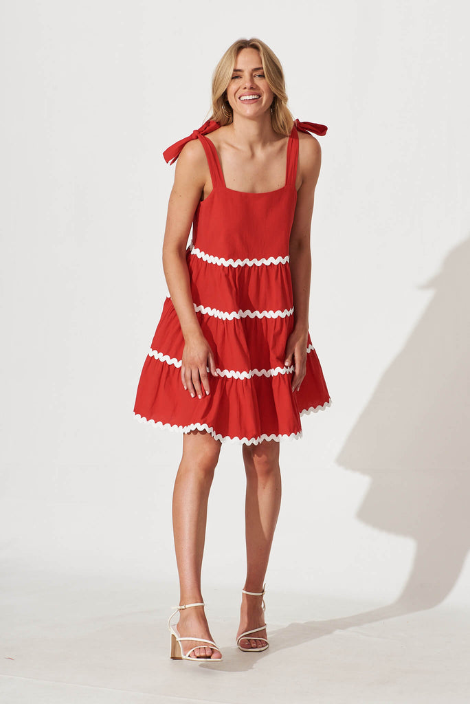 Claus Dress In Red With White Ric Rac Trim Cotton - full length