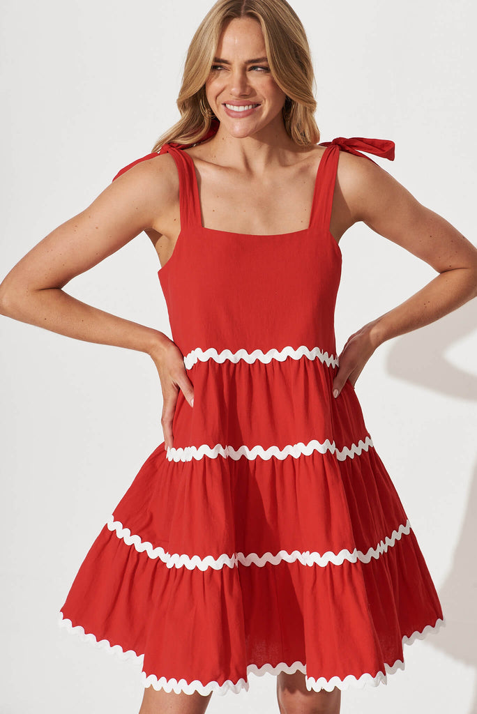 Claus Dress In Red With White Ric Rac Trim Cotton - front