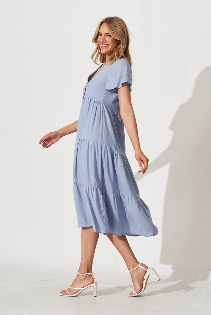 Marvela Midi Shirt Dress In Sky Blue Linen Blend - side