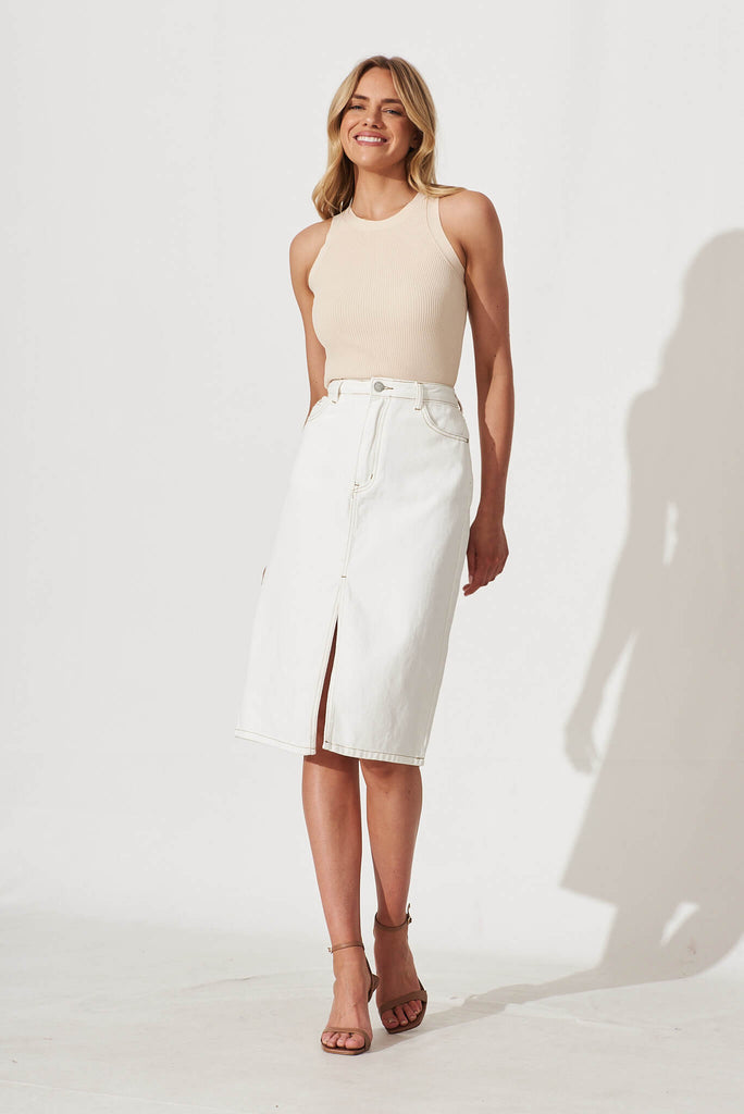 Cha Cha Midi Denim Skirt In White - full length