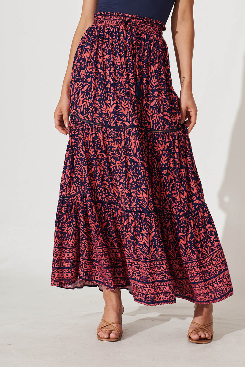Freedom Maxi Skirt In Navy With Coral Border Print – St Frock